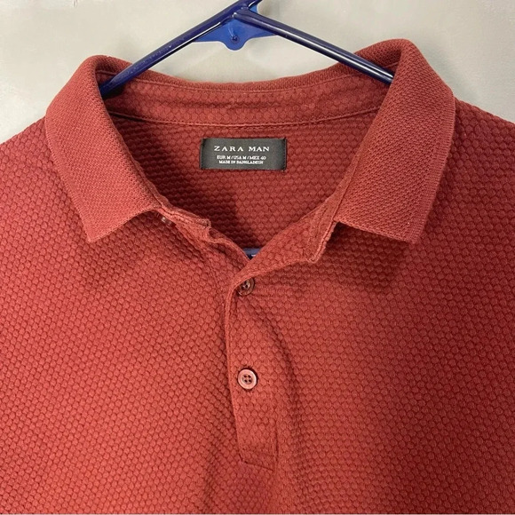 ZARA MAN Maroon Red Textured Regular Short Sleeve Knit Polo Shirt Medium size - Picture 2 of 6